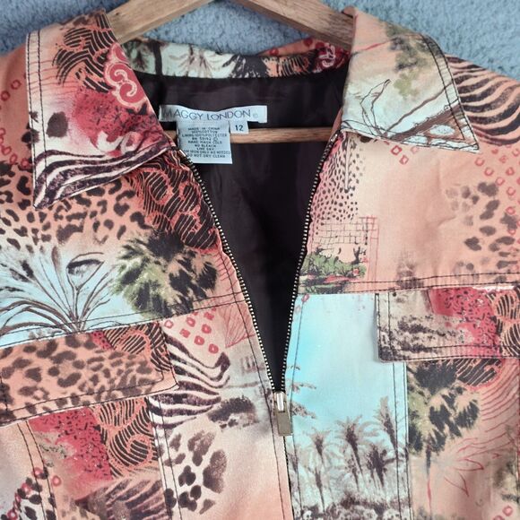 Maggy London Coral Patchwork Cotton Tropical Zip Front Vintage Y2K Jacket 12 - Picture 6 of 10